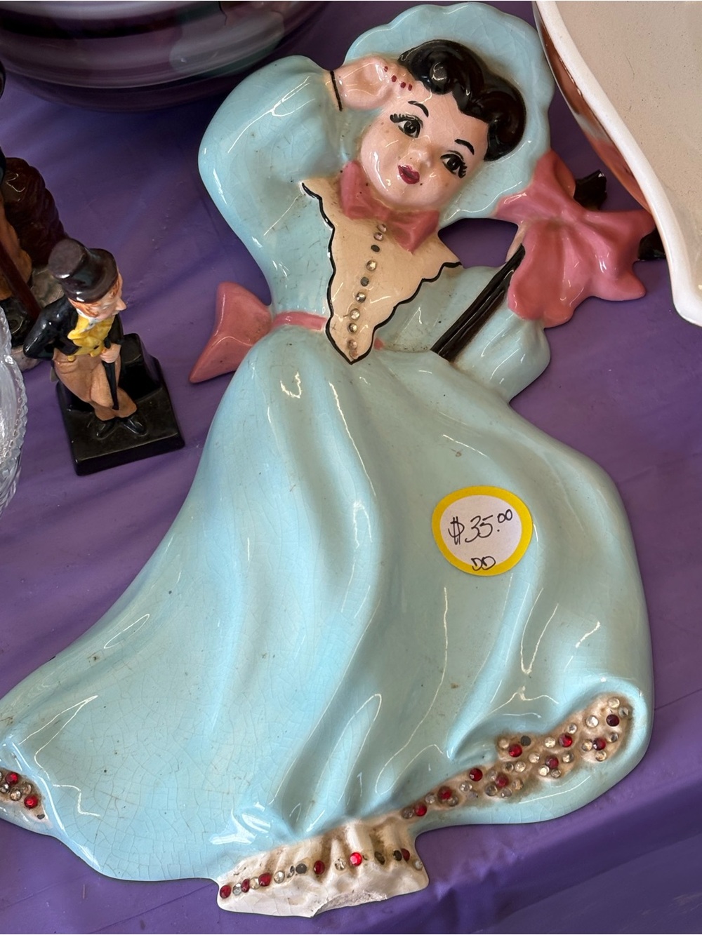 Source Unknown Mint Blue and Pink Vintage Ceramic Lady Figurine